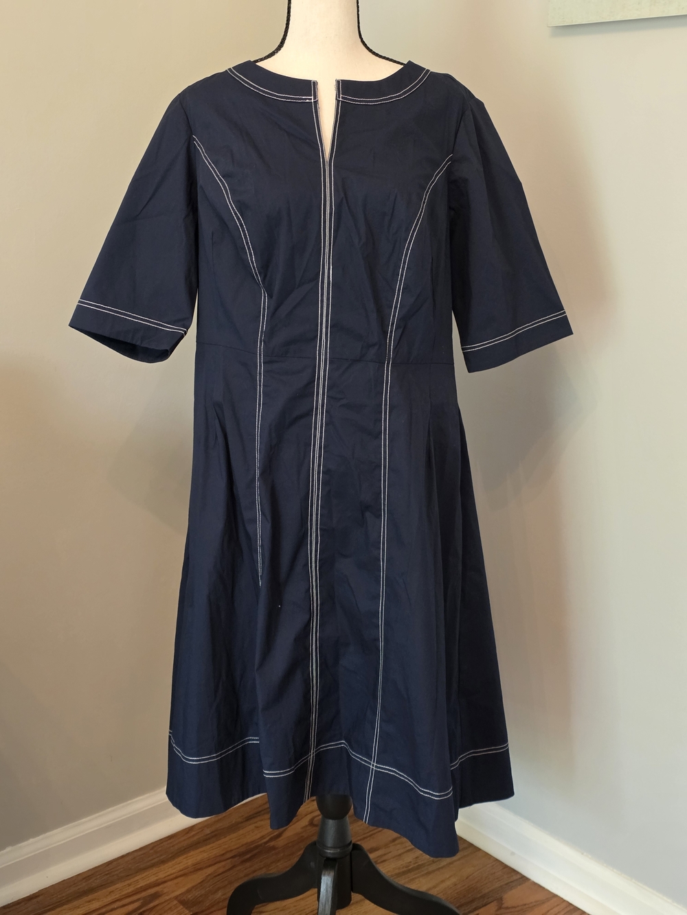 eShakti Navy Stitch-Detail A-Line Dress - Women